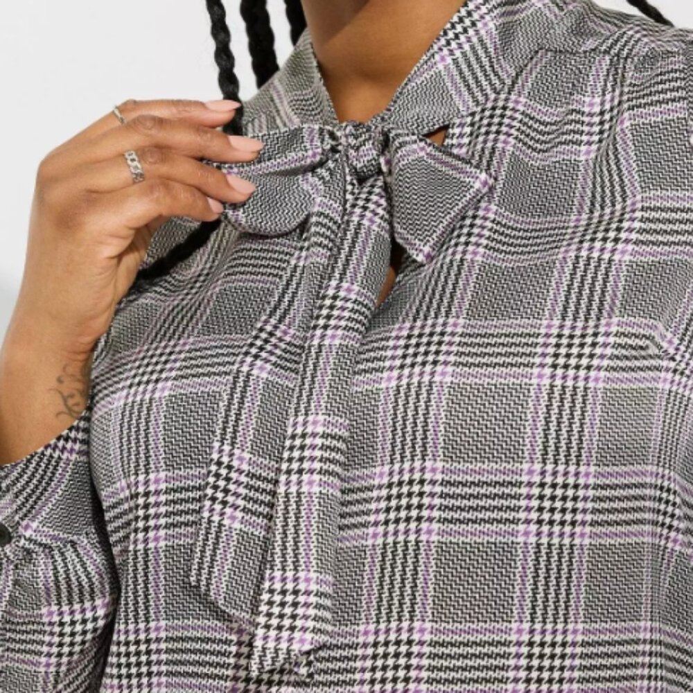 Torrid Studio Bubble Satin Bow Tie Blouse in Glen Plaid